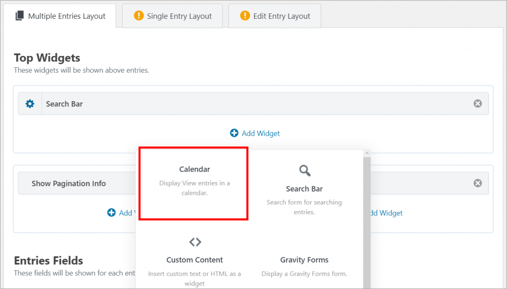 Adding a Calendar widget to the Top Widget area inside a GravityView View.