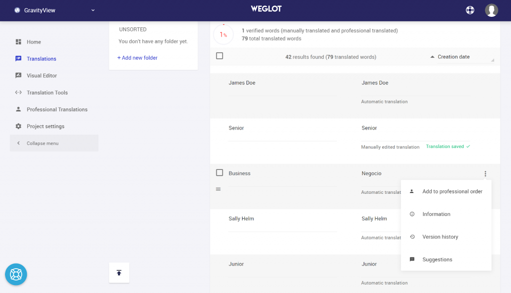 The translations refinement page in Weglot