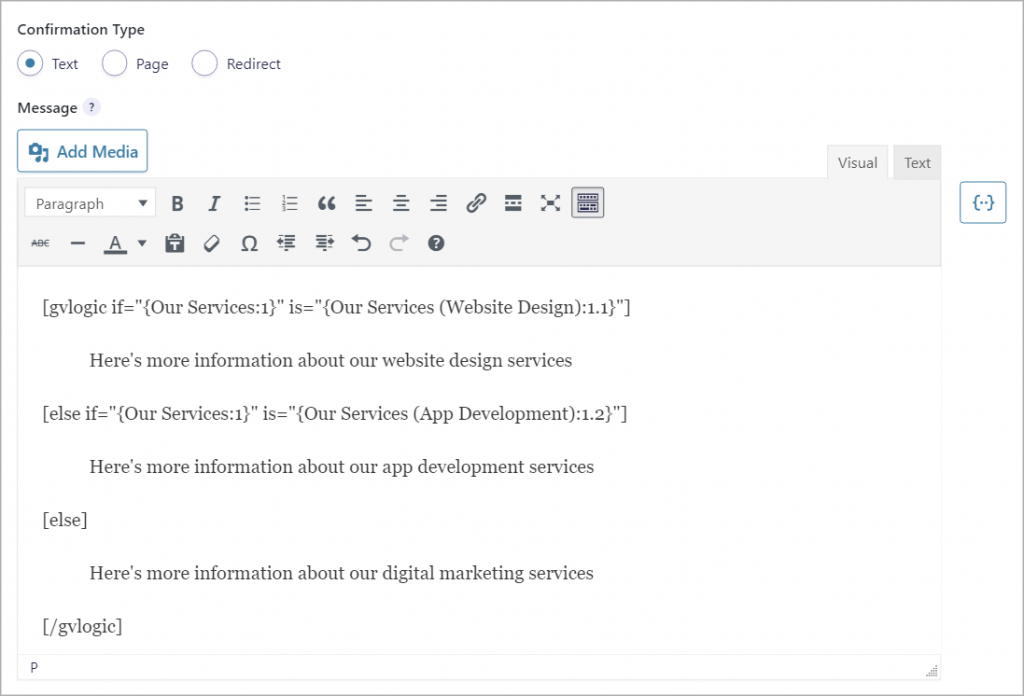 Gravity Forms conditional logic statement using the [gvlogic] shortcode inside the confirmation text editor