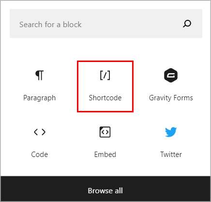 The WordPress block editor Shortcode block