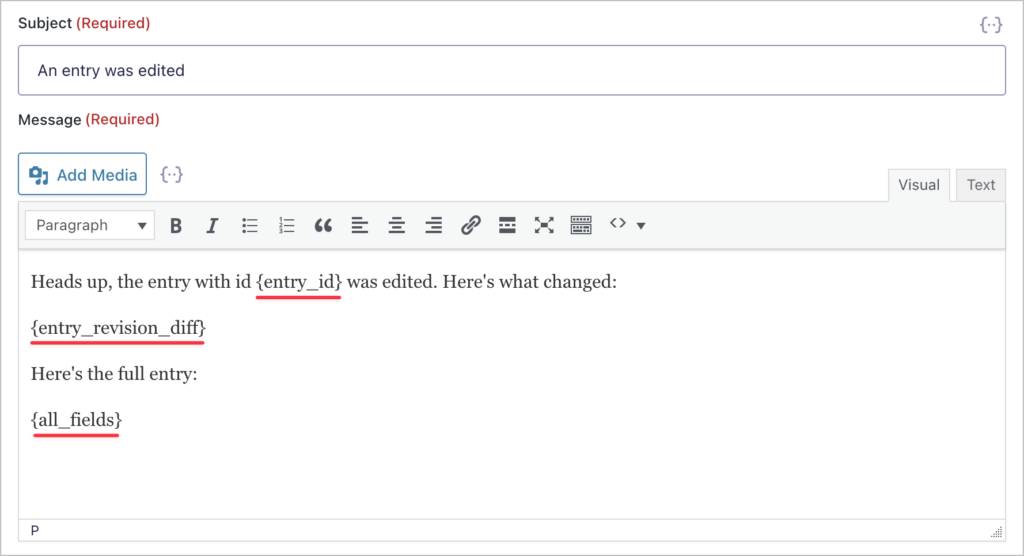 A Gravity Forms email notification message body