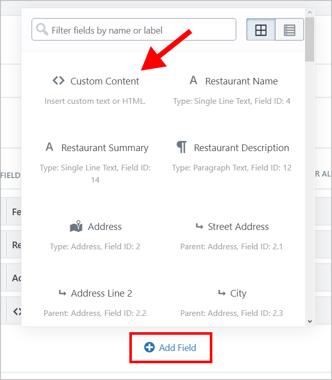 An arrow pointing to the GravityView Custom Content field