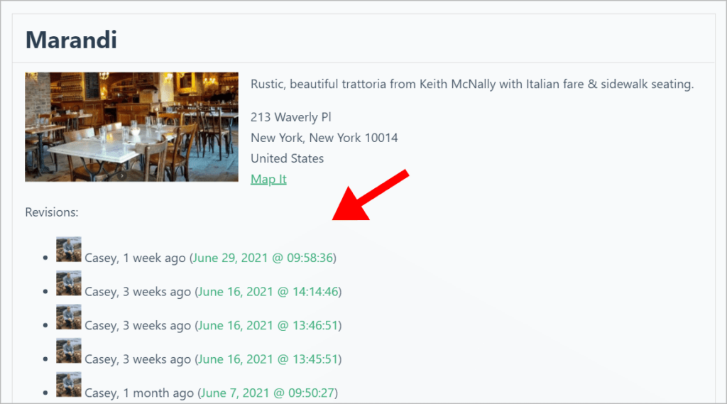 A list of entry revisions displayed on the front end inside a View