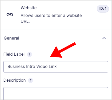 An arrow pointing to the Website Field Label that says "Business Intro Video Link".