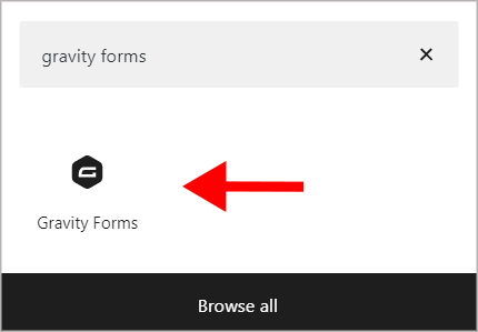 An arrow pointing to the Gravity Forms Gutenberg block