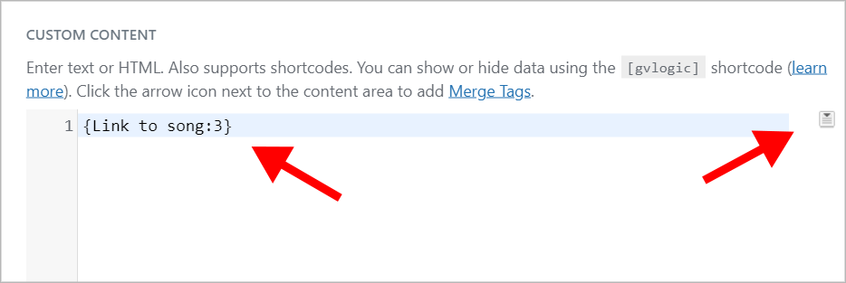 The GravityView Custom Content text editor containing a Gravity Forms merge tag
