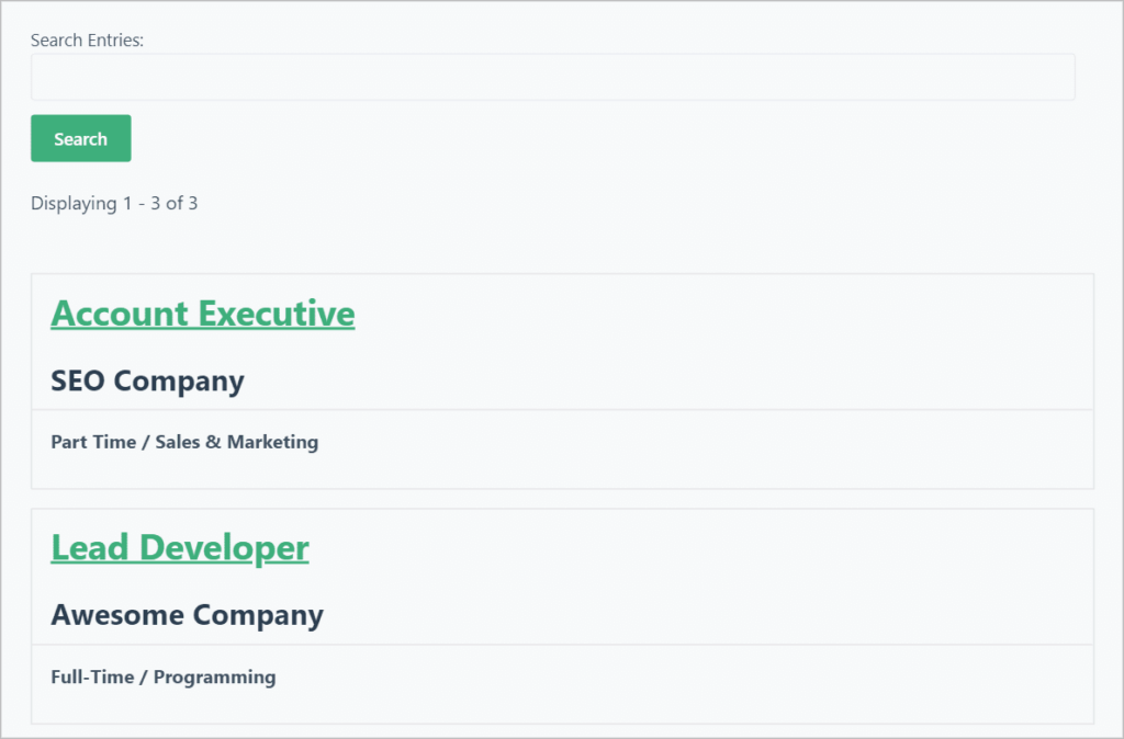 A View on the front end showing job listings