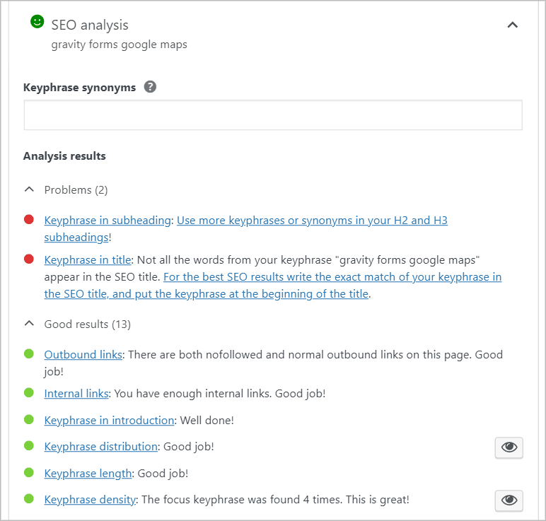 The Yoast SEO checklist showing 2 "Problems" and 13 "Good results".