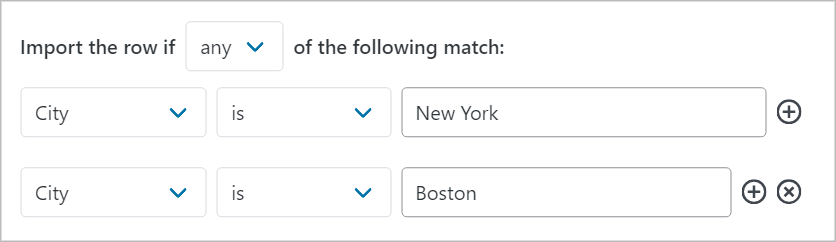 Import row if the City is New York OR the City if Boston