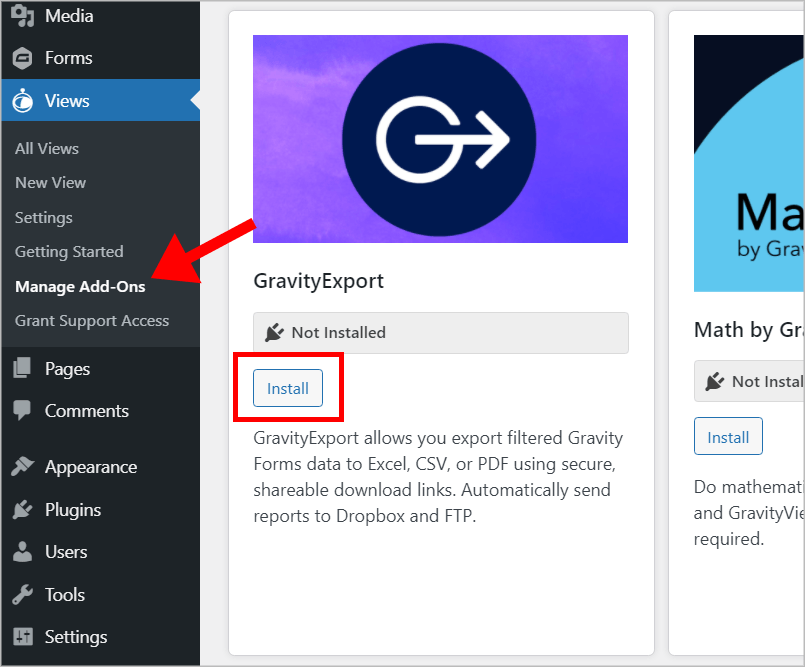 The 'Manage Add-Ons' page under 'Views' in WordPress