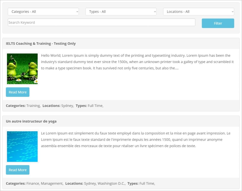 A screenshot of a job board built with the Apply Online WordPress plugin