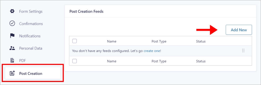 An arrow pointing to the 'Add New' button on the Post Creation Feed page