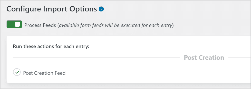 The 'Process Feeds' option enabled on the 'Configure Import Options' page