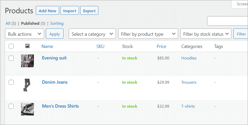 The WooCommerce Products page in WordPress showing the imported products