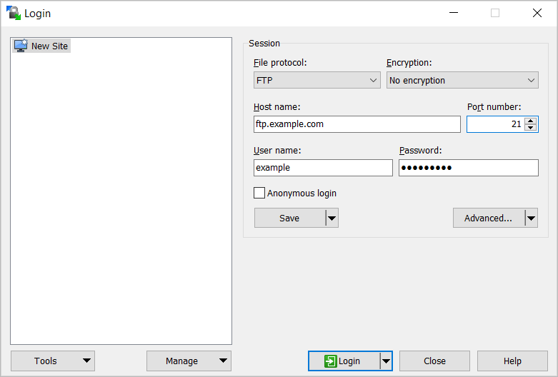 FTP client for accessing an FTP server