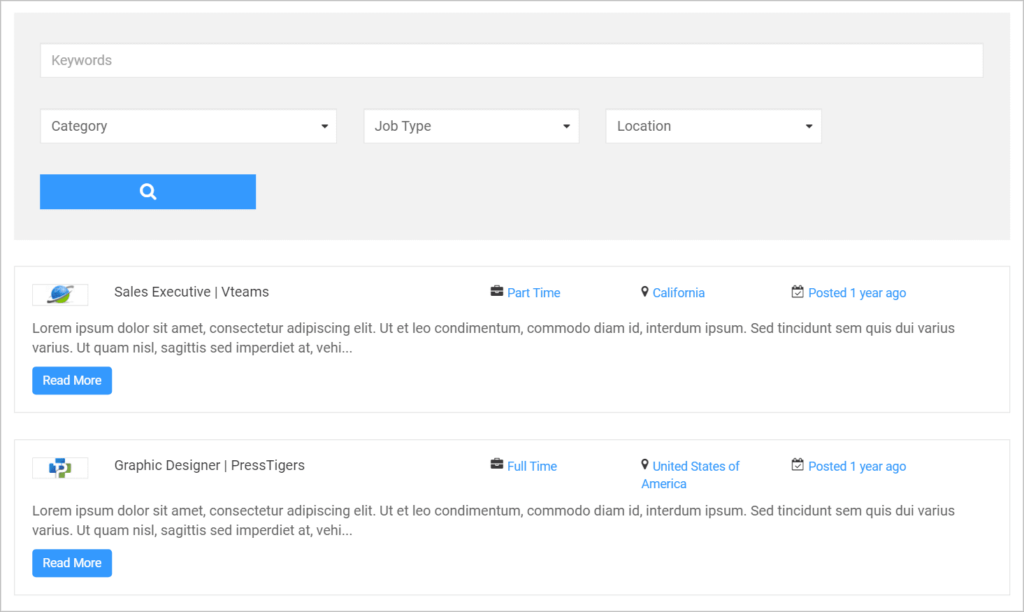 A job board page created using the Simple Job Board plugin for WordPress
