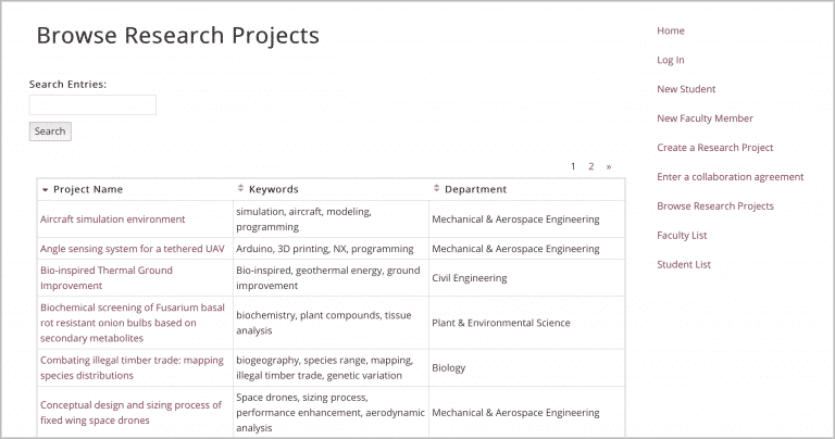 New Mexico State University's research projects database, build with GravityView