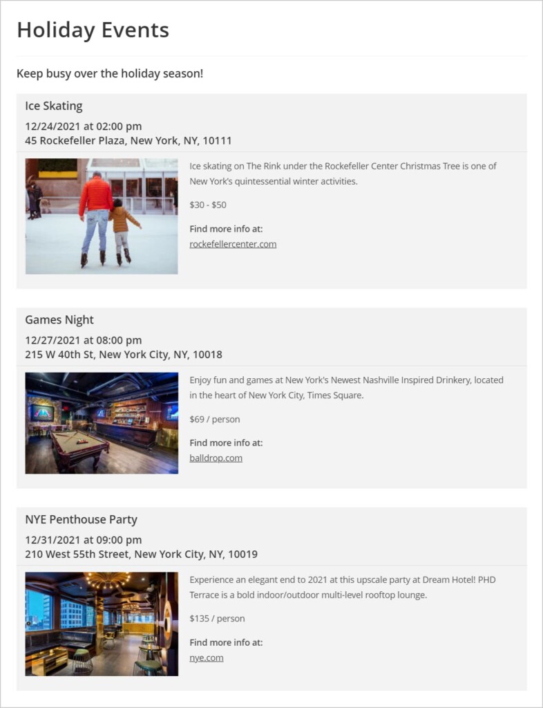 A list of events taking place during the holiday season
