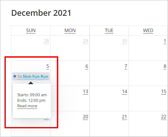 Gravity Forms event registration calendar showing an event on the 5th of December 2021