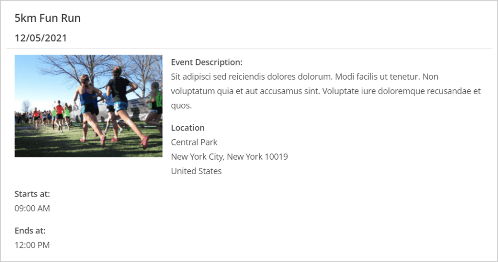 Event details for the '5km Fun Run'.