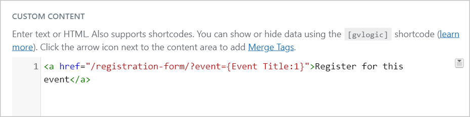 An anchor link inside the Custom Content text editor