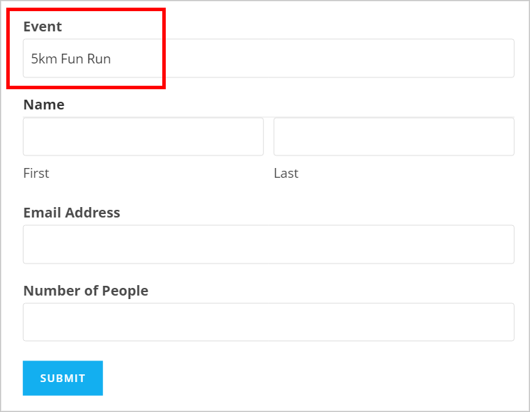 Gravity Forms event registration form prepopulated with the event name.