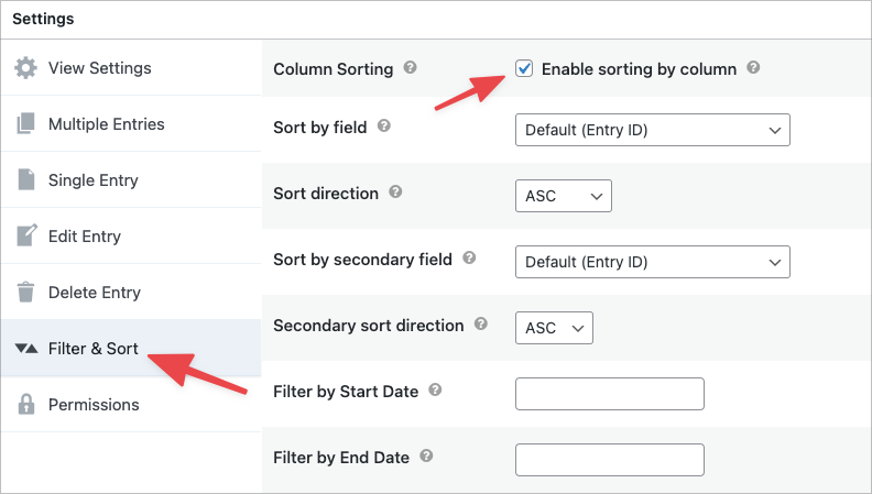 The GravityView Filter and Sort settings