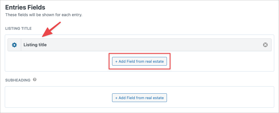 The GravityView View editor showing the 'Listing title' field inside the 'Listing Title' section