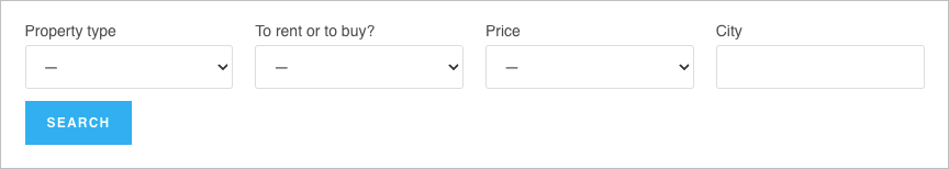 GravityView search bar on the front end showing search inputs for Property Type, to rent or buy?, Price and City