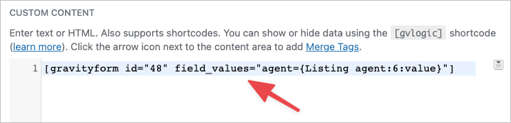 Custom Content text editor containing a Gravity Forms shortcode
