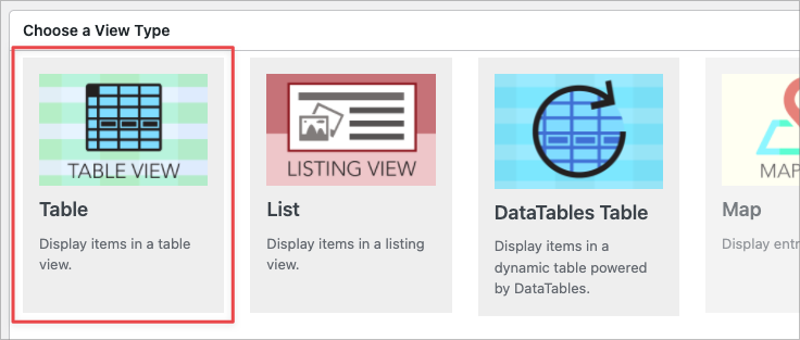 The GravityView View Types with the "Table" layout highlighted