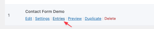 An arrow pointing to the 'Entries' link underneath a form in Fluent Forms