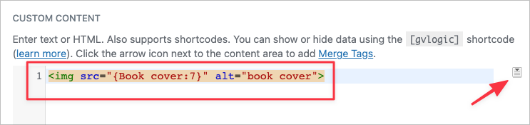 An HTMl image tag inside the Custom Content text editor.