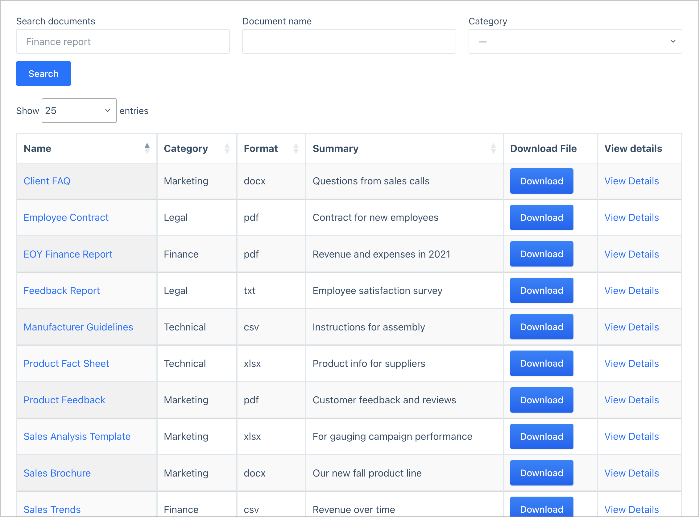 A table of documents. Columns include name, category, format, summary, download, and view details. There is a search bar above