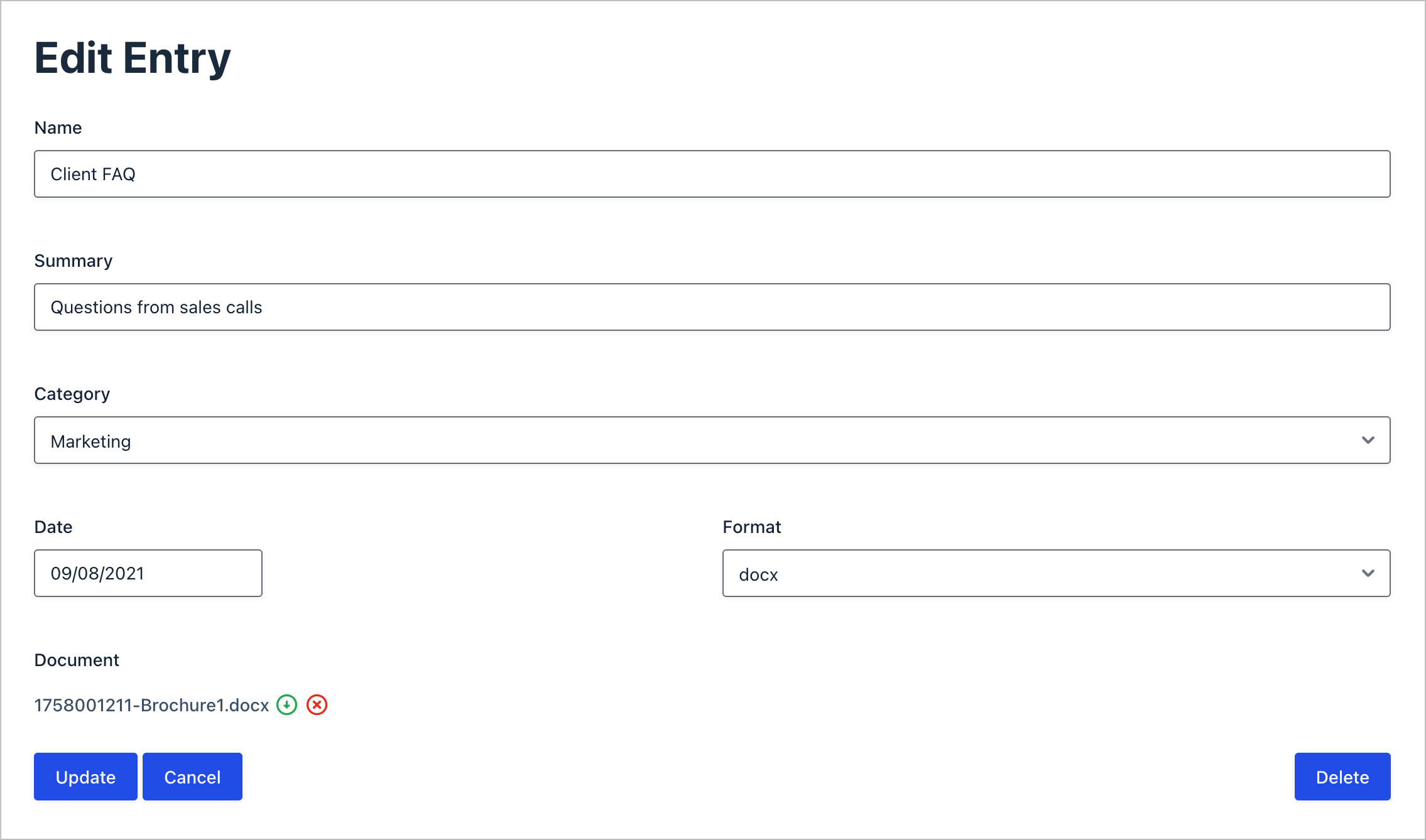 The Edit Entry form on the frontend.