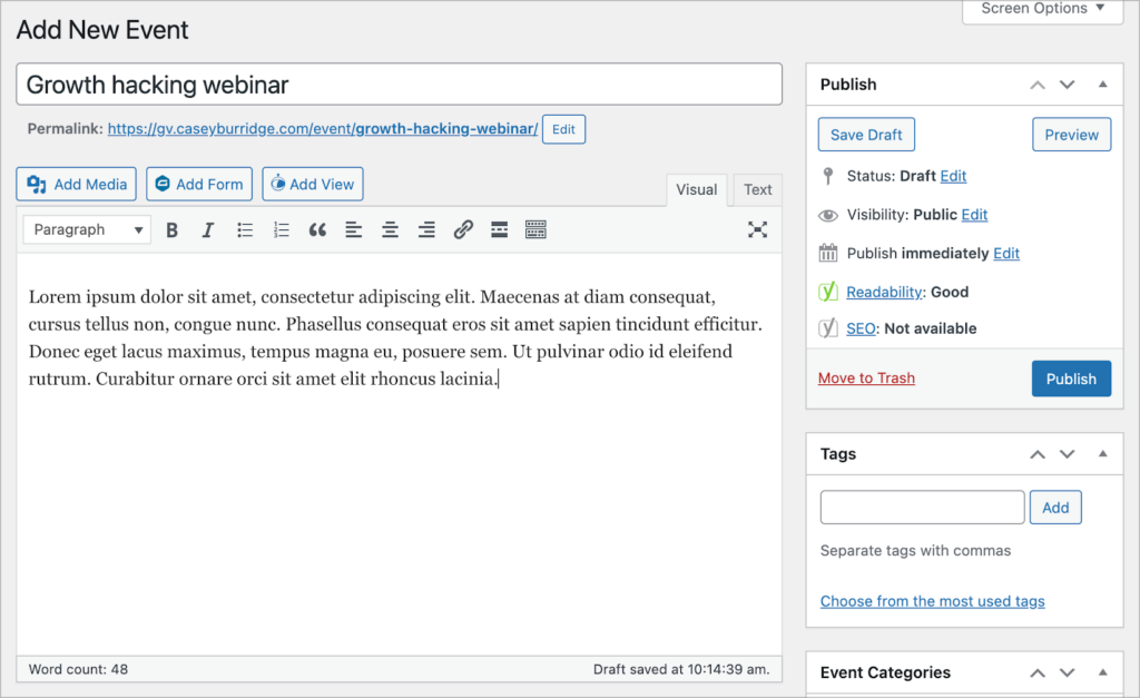 The Event editor for The Events Calendar plugin