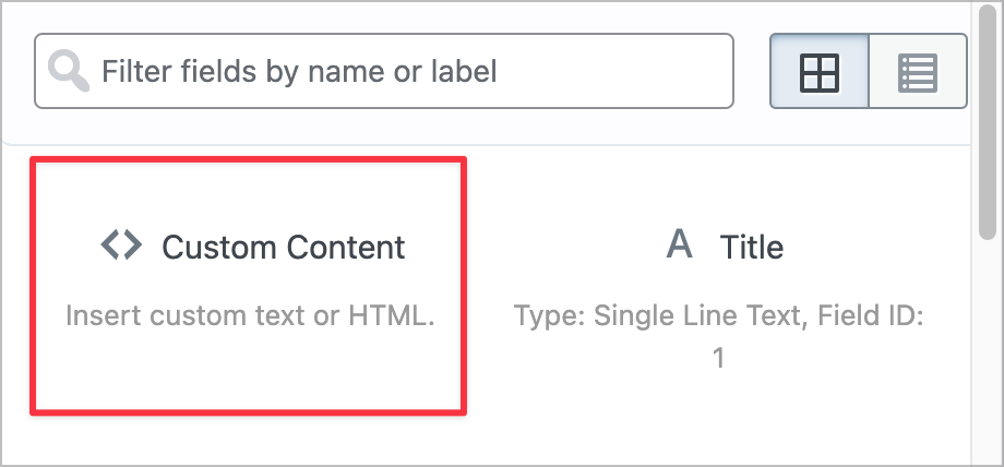 The GravityView Custom Content fileld