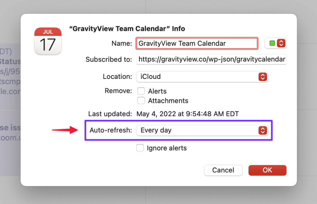 Apple Calendar settings allowing you to adjust the refresh rate for external calendar feeds