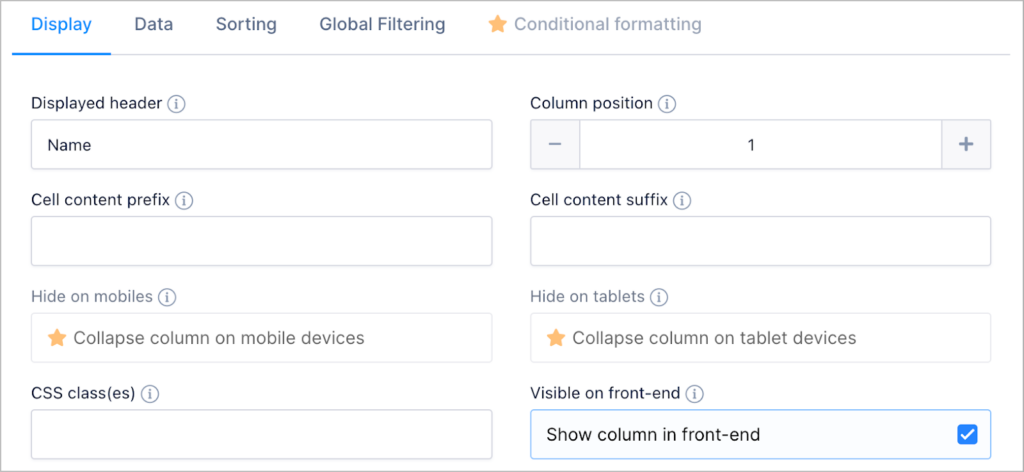 Column settings in wpDataTables