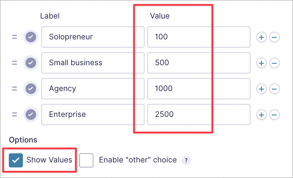 Radio Buttons field settings in Gravity Forms showing the label and value for each option