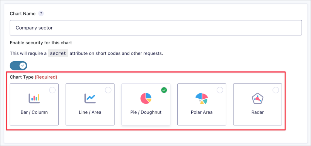 The chart type selector for a new GravityCharts feed; the options are Bar/Column, Line/Area, Pie/Doughnut, Polar Area, and Radar