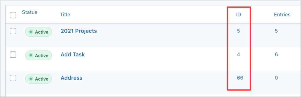 The Forms page in Gravity Forms showing the form ID column on the right