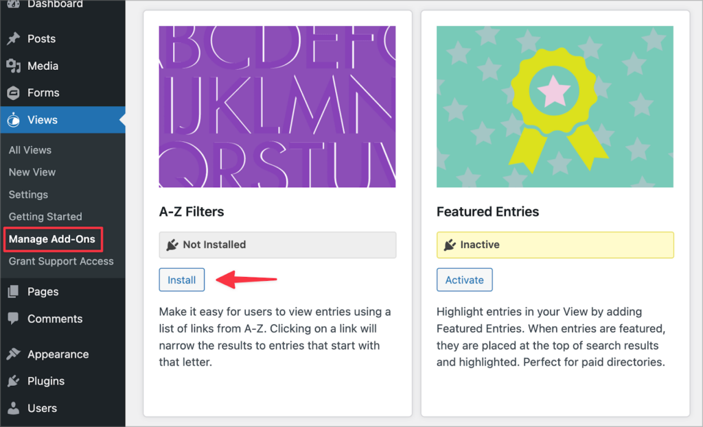 The 'Install' button for the A-Z Filters widget on the GravityView Manage Add-Ons page