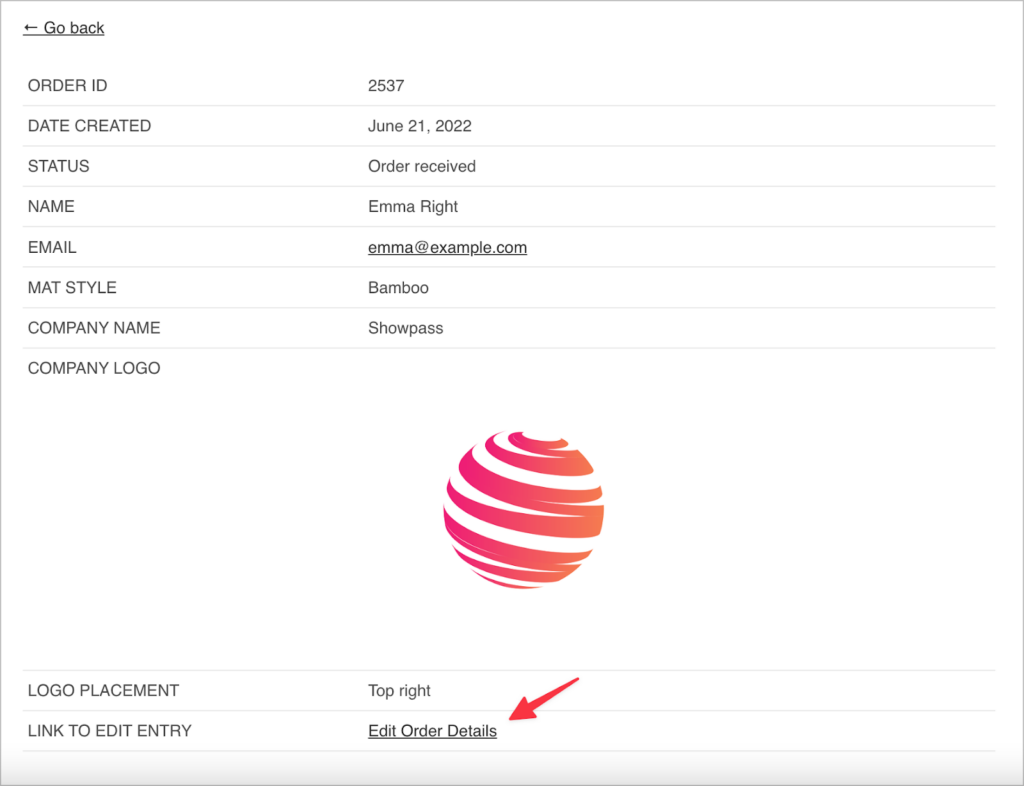 A table showing details about a product order