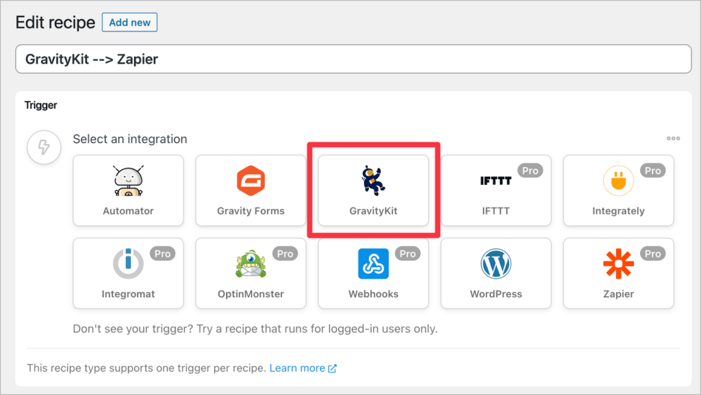 The GravityKit option under 'Select an integration' in Uncanny Automator