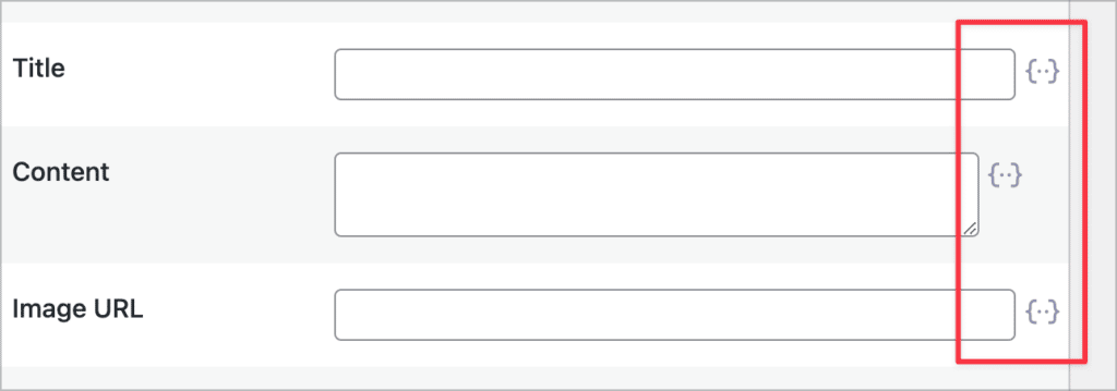 The merge tag buttons next to the Title, Content and Image URL input boxes