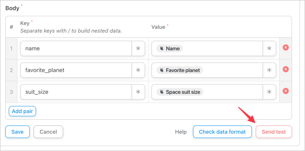 The Body of the webhook showing data from GravityKit in key-value pairs