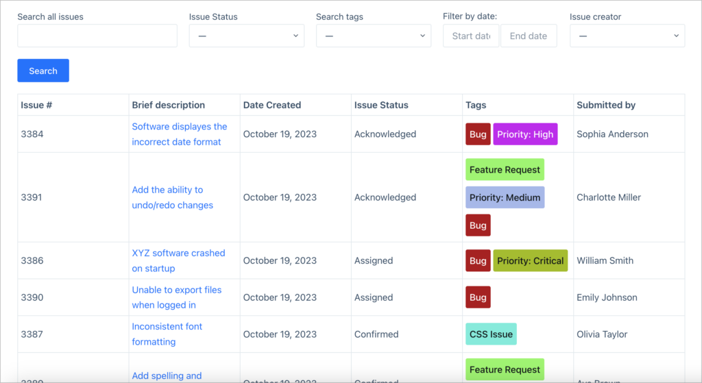 An issue tracker built with GravityView: there is a table containing software bugs and a search bar above