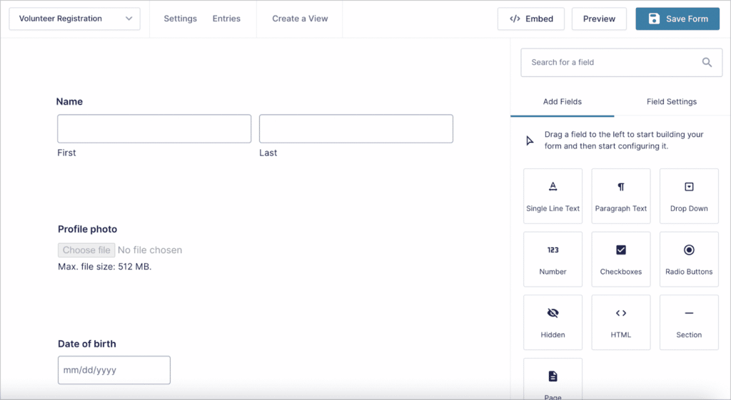 The Gravity Forms visual form editor interface