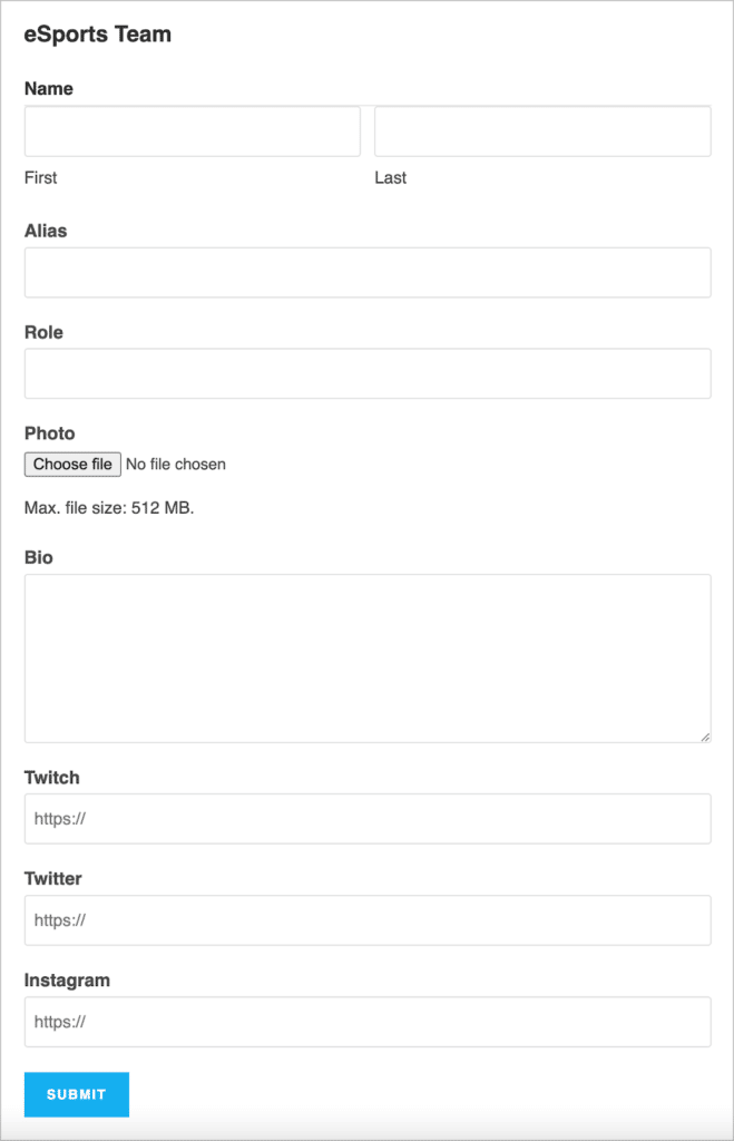 An eSports team member profile form built using Gravity Forms
